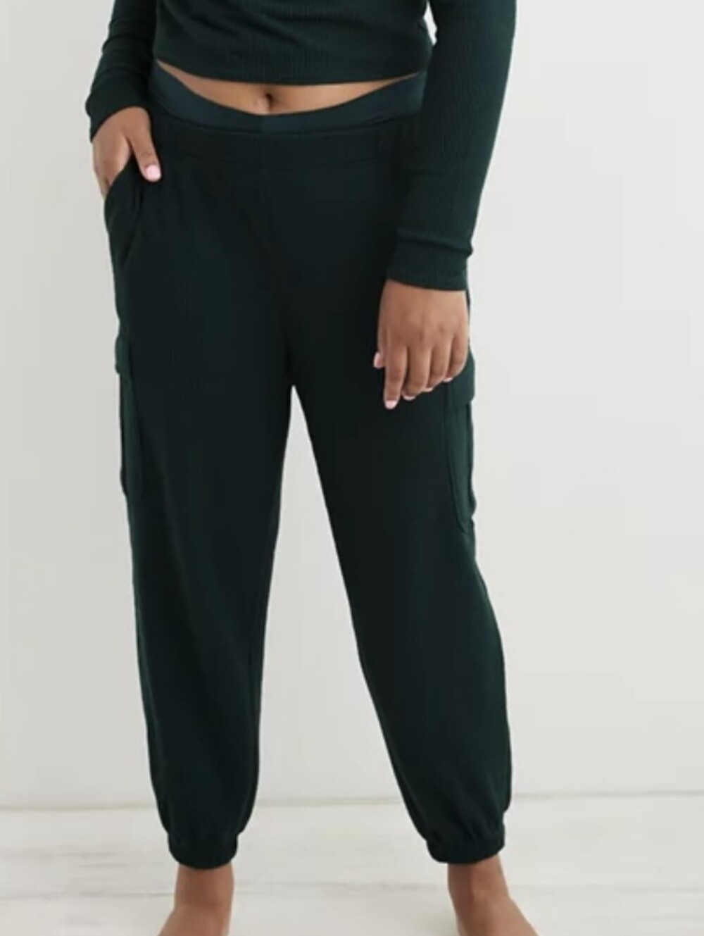 aerie Dark Green Waffle Knit Cargo Joggers - Picture 1 of 7